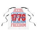 Patriotic kitchen apron with black straps and red-blue 'Freedom' graphic lettering