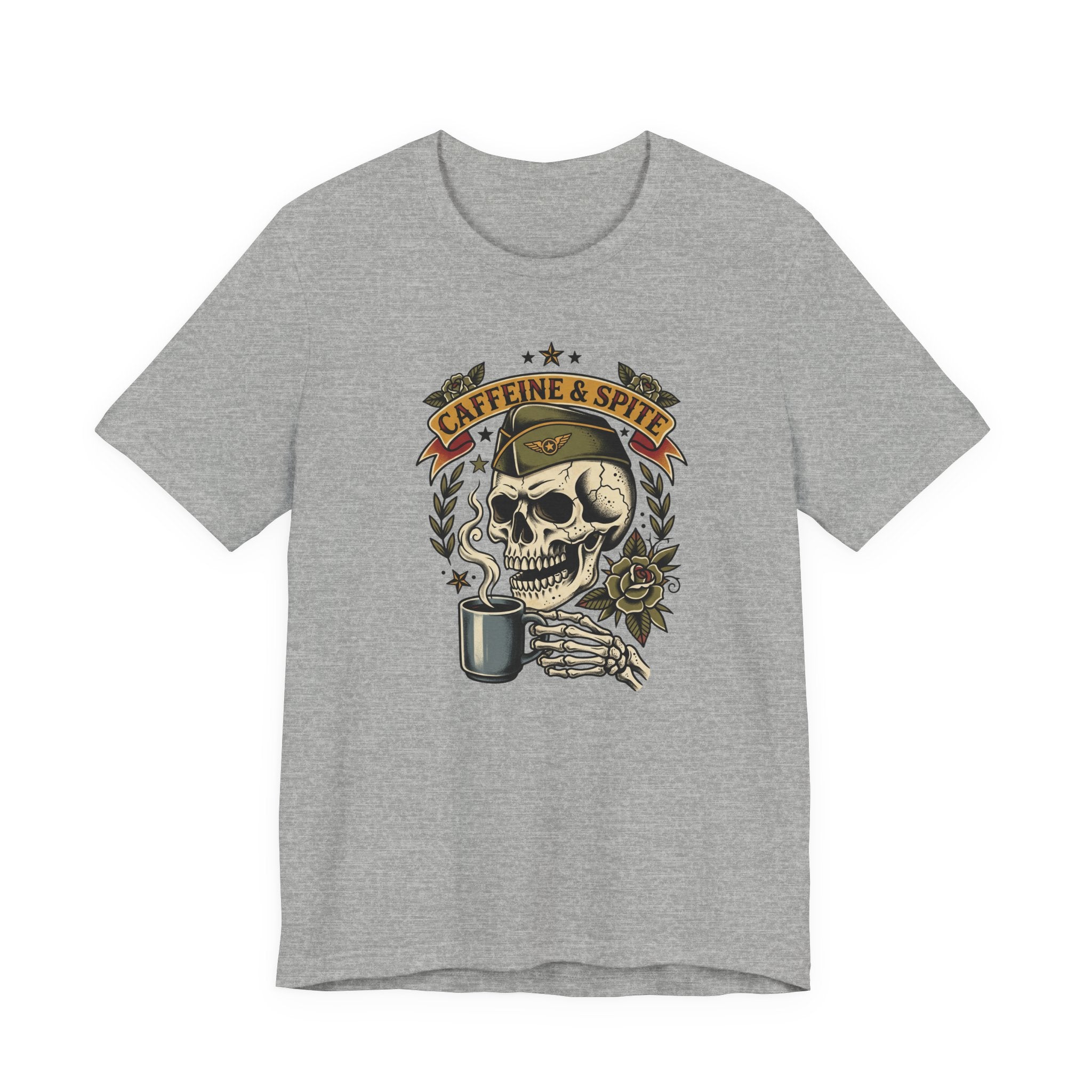 Medium grey T-shirt with skull holding coffee mug graphic in green and gold
