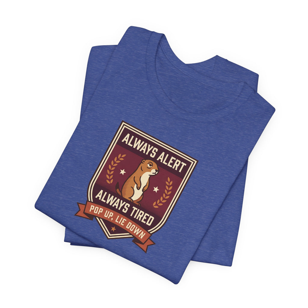 Blue crew-neck t-shirt with squirrel crest badge graphic on front