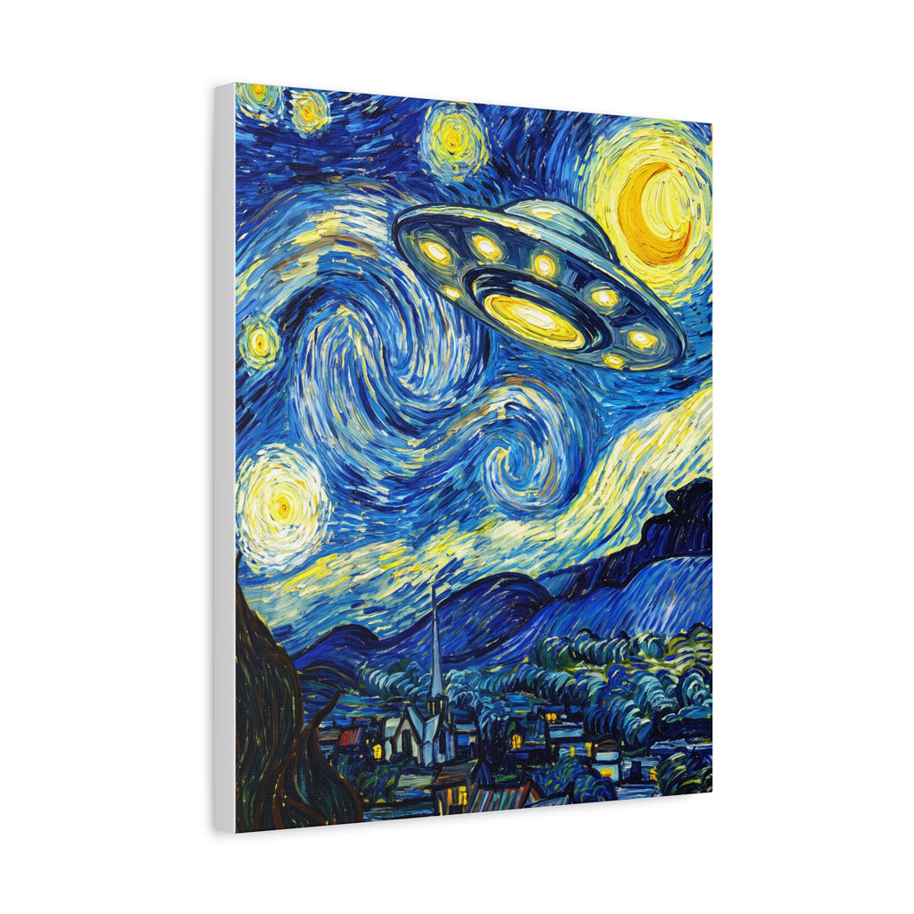 Matte stretched canvas art featuring blue swirls, yellow stars, and a UFO in sky