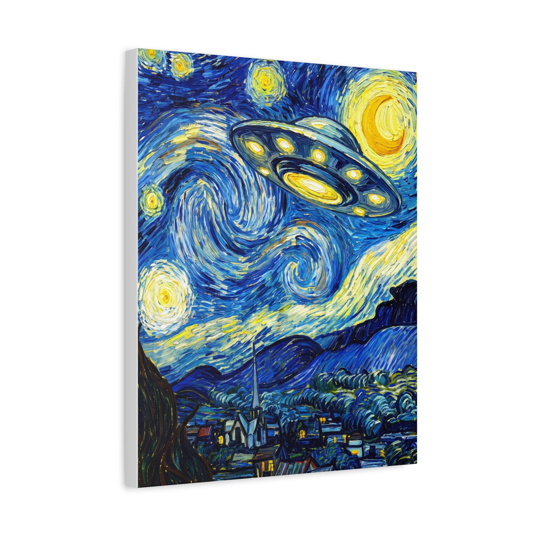 Matte stretched canvas art featuring blue swirls, yellow stars, and a UFO in sky