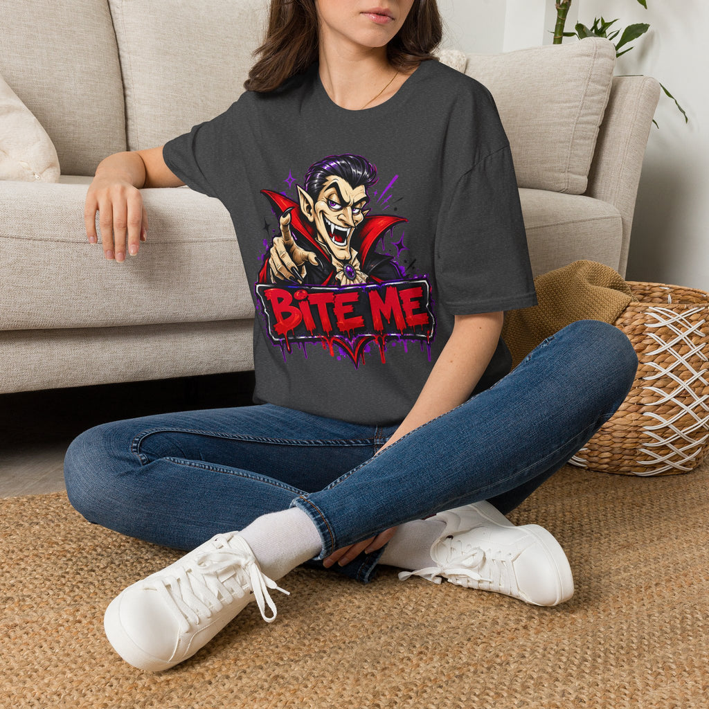 Dark gray t-shirt with vampire “BITE ME” graphic and red-purple cape details