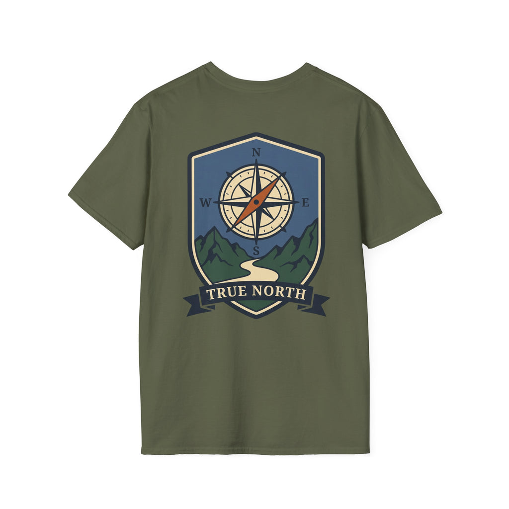 Olive green T-shirt with compass shield graphic and “TRUE NORTH” banner on chest