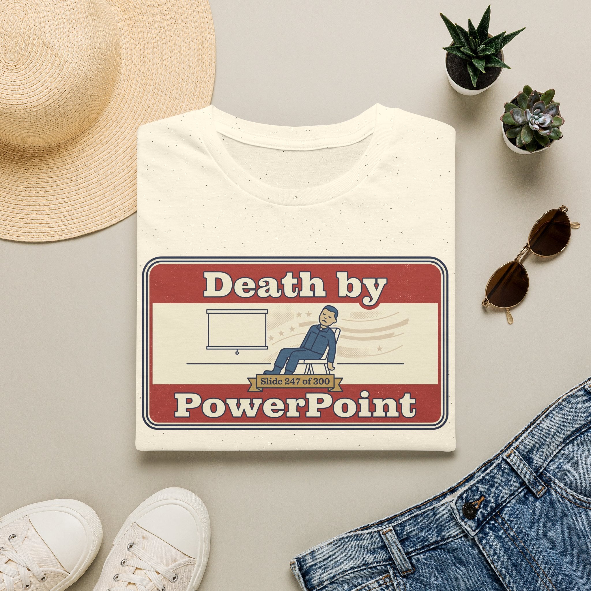 White T-shirt with 'Death by PowerPoint' presentation graphic, crew neck.