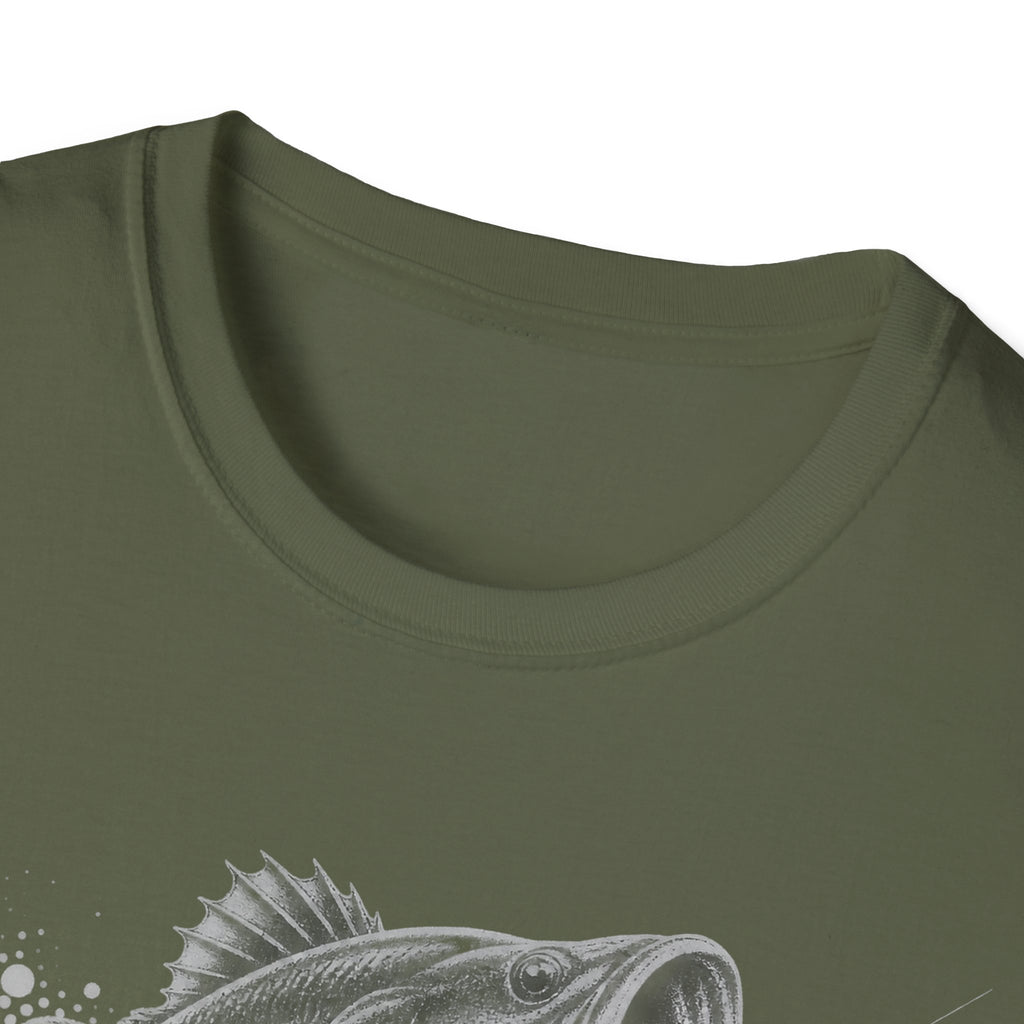 Olive green crew-neck T-shirt with fish graphic detail on the chest