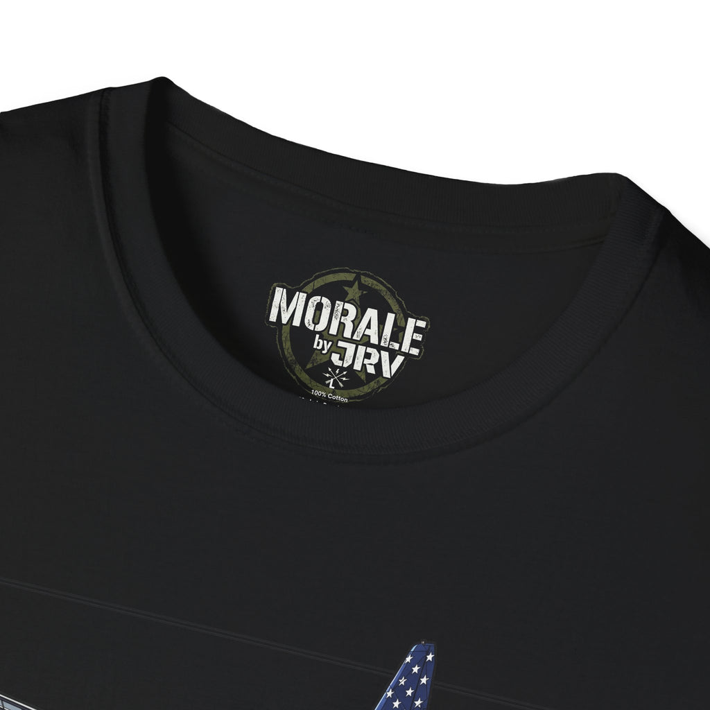 Black crewneck with small “MORALE by TRV” logo patch