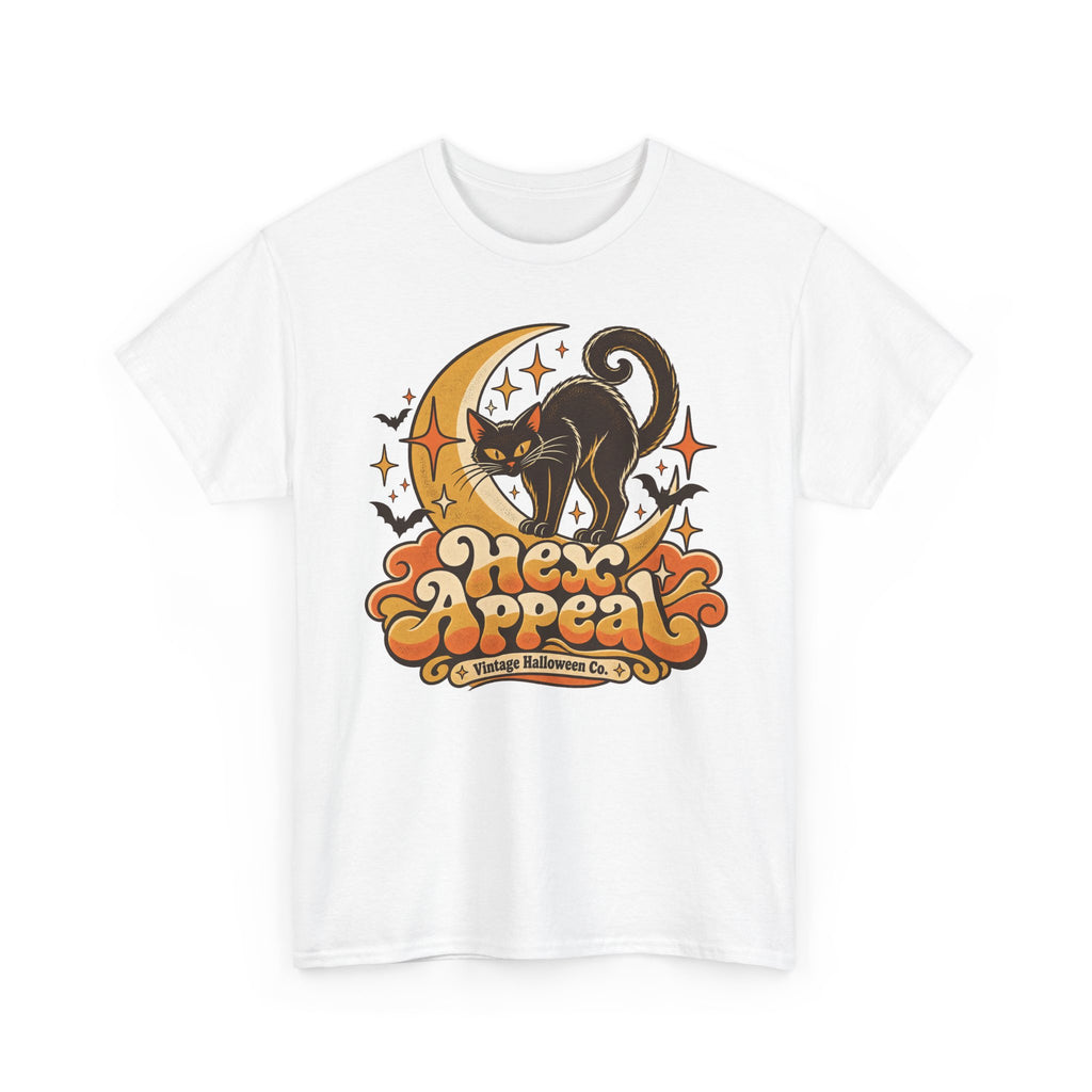 Hex Appeal Black Cat T-Shirt, Retro Crescent Moon Witchy Halloween Shirt for Women and Men, Funny Spooky Cat Lover Tee