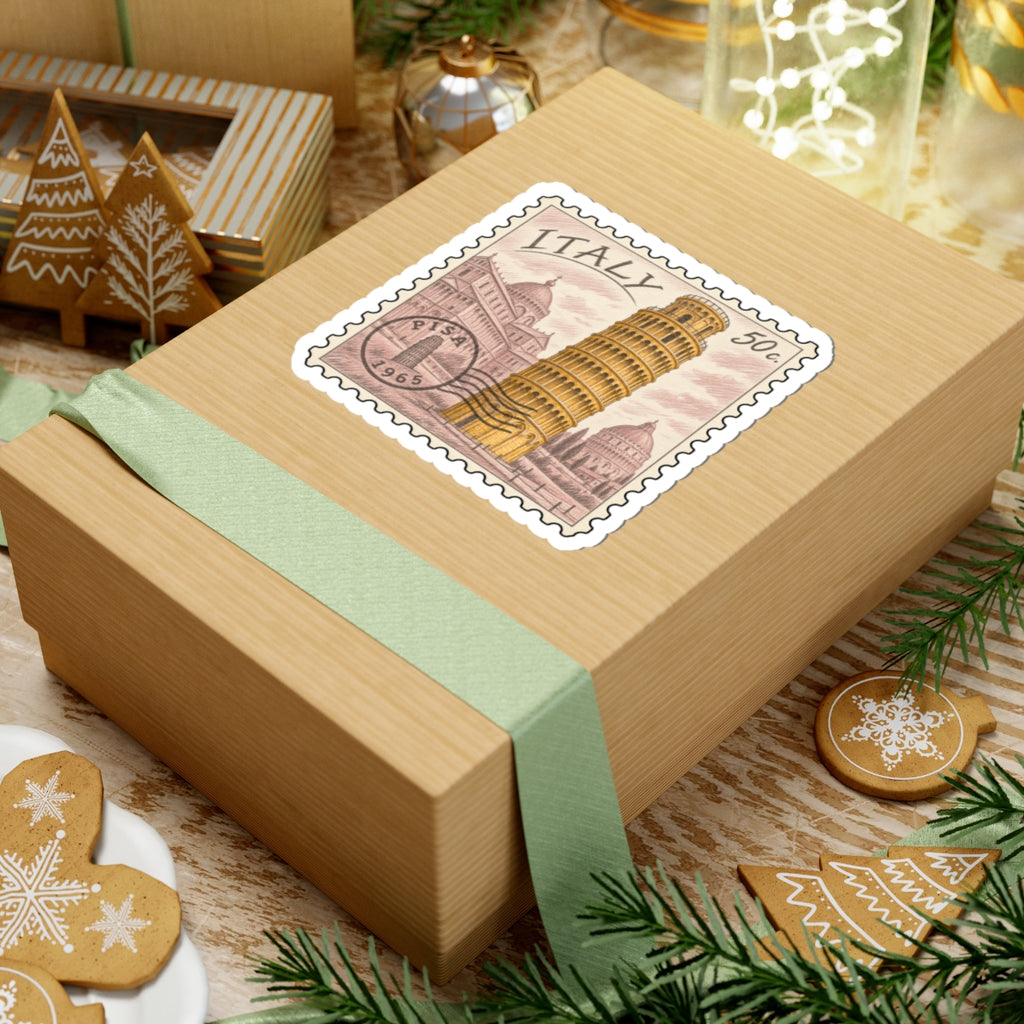 Italy postage stamp sticker with Leaning Tower and 50c value on a gift box