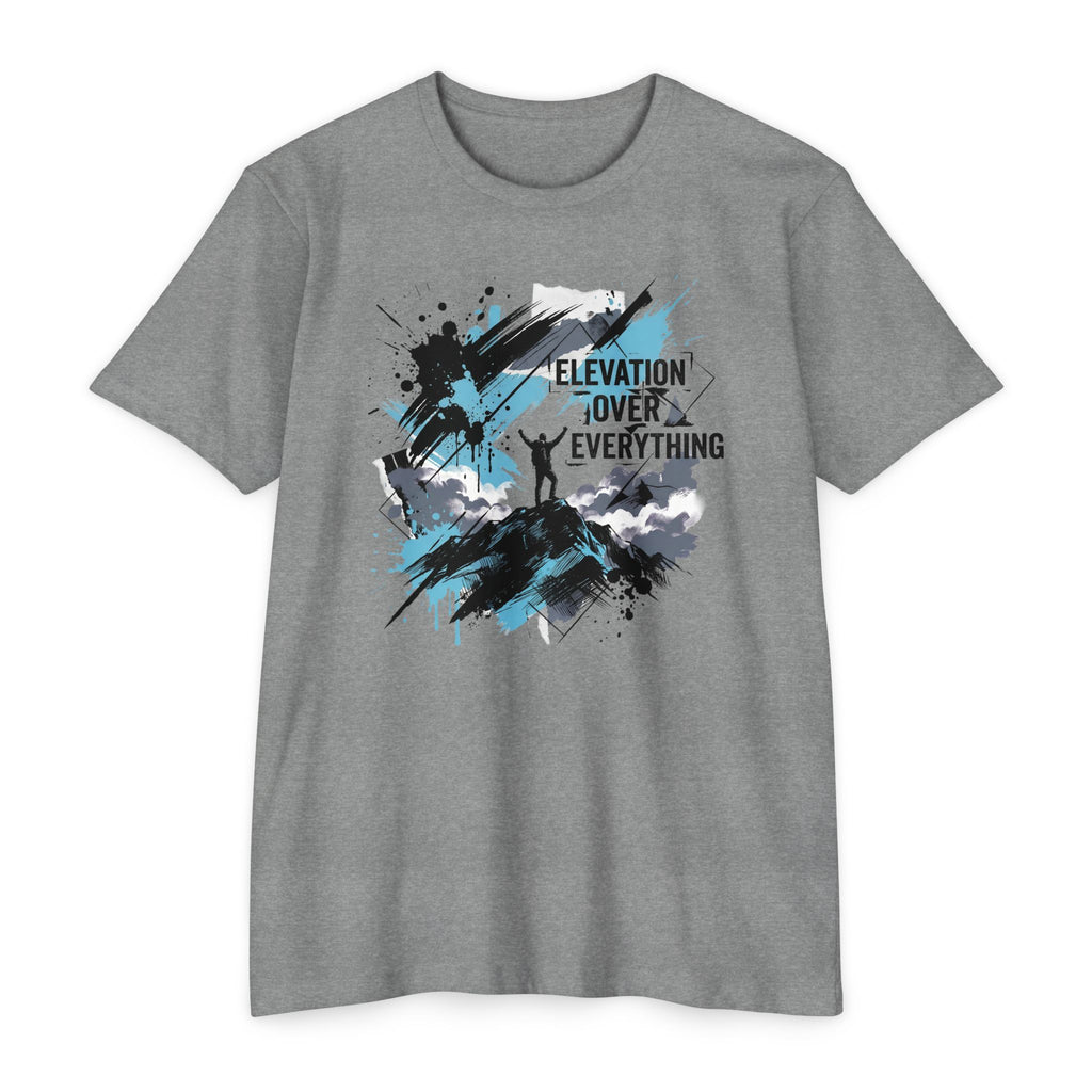 Heather gray crewneck T-shirt with blue/black splatter mountain graphic and text "ELEVATION OVER EVERYTHING"