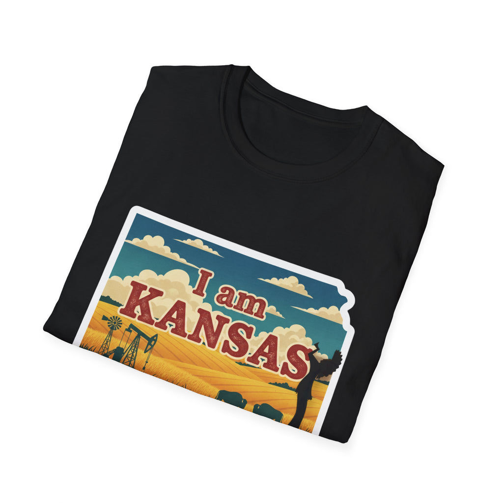 Black T-shirt with “I am KANSAS” graphic and Kansas state scene print