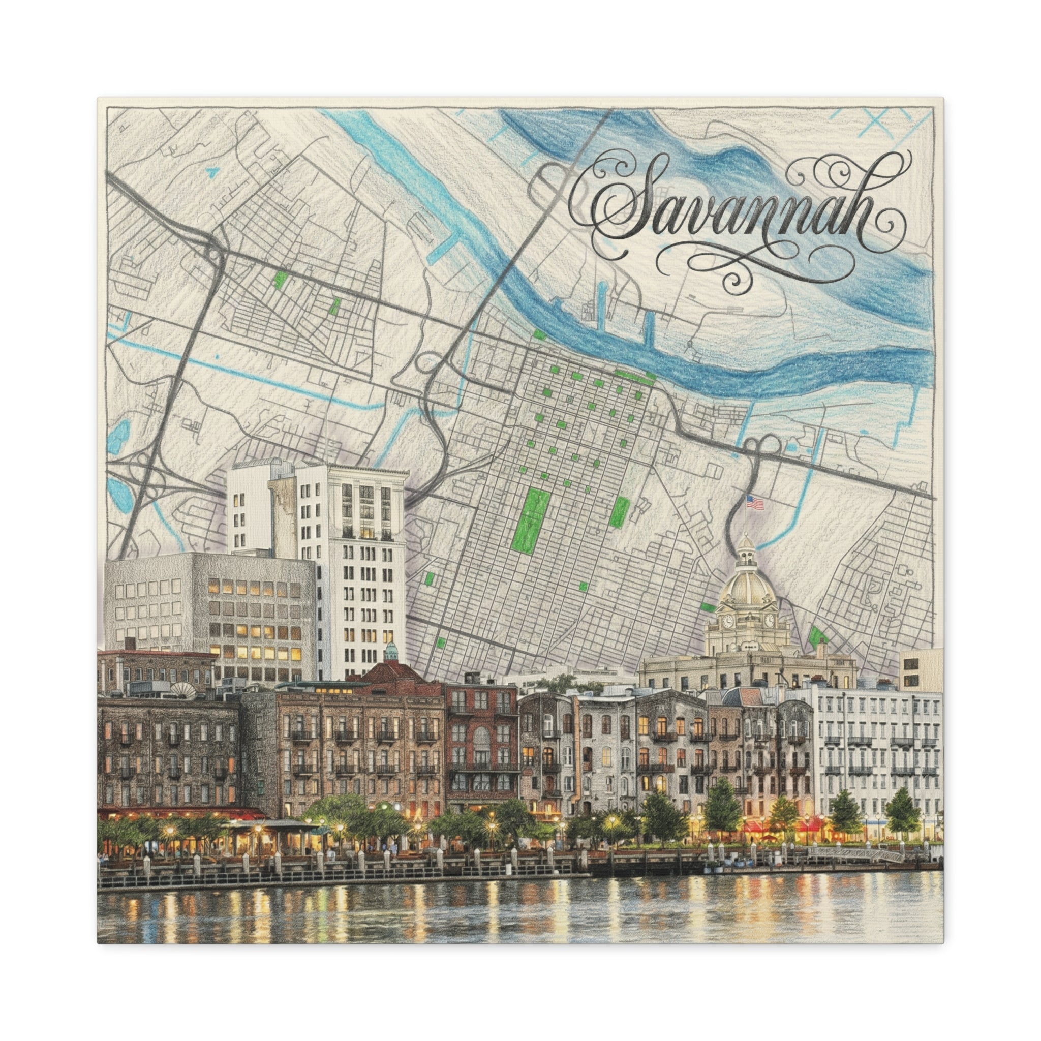 Savannah, GA stretched canvas art, 1.25 in: city map with river and Savannah lettering