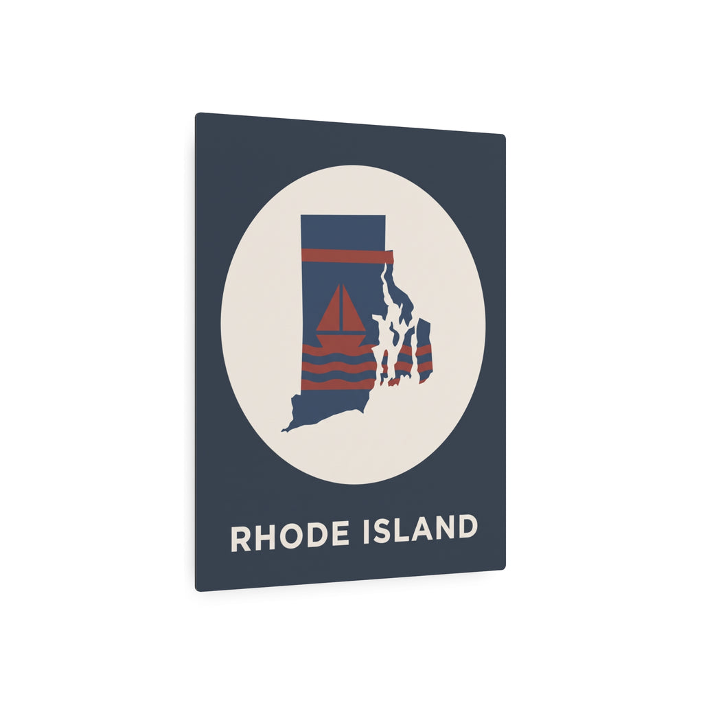 Rhode Island state map metal wall art sign, dark blue with white circle and sailboat graphic