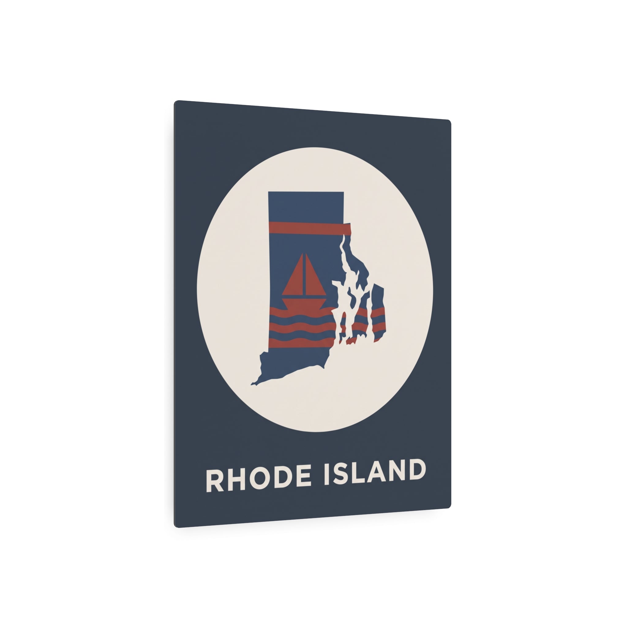 Rhode Island state map metal wall art sign, dark blue with white circle and sailboat graphic