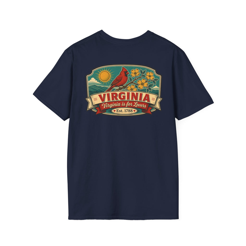 Navy T-shirt with Virginia travel graphic and cardinal bird print