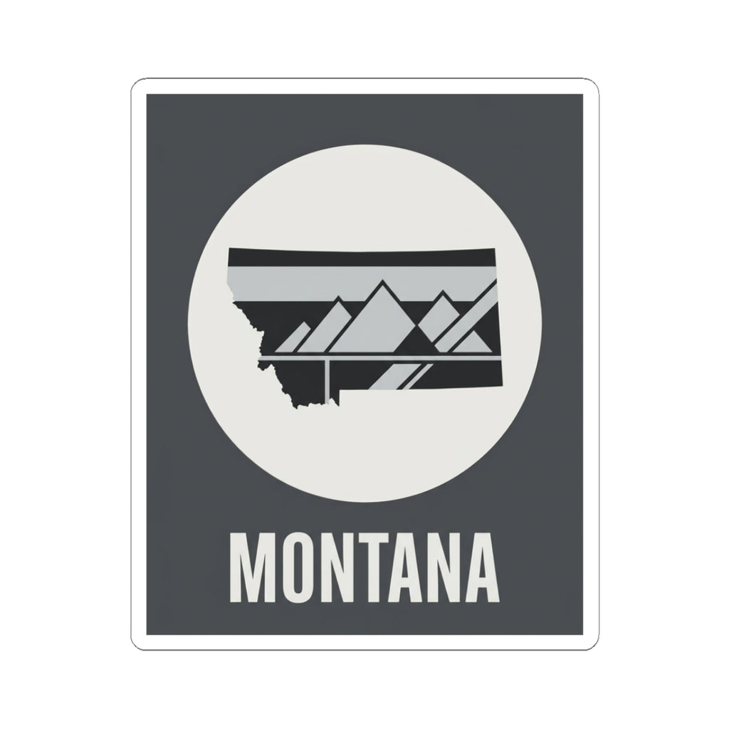Montana mountain badge sticker with white circle, black-and-gray landscape graphic, and MONTANA text