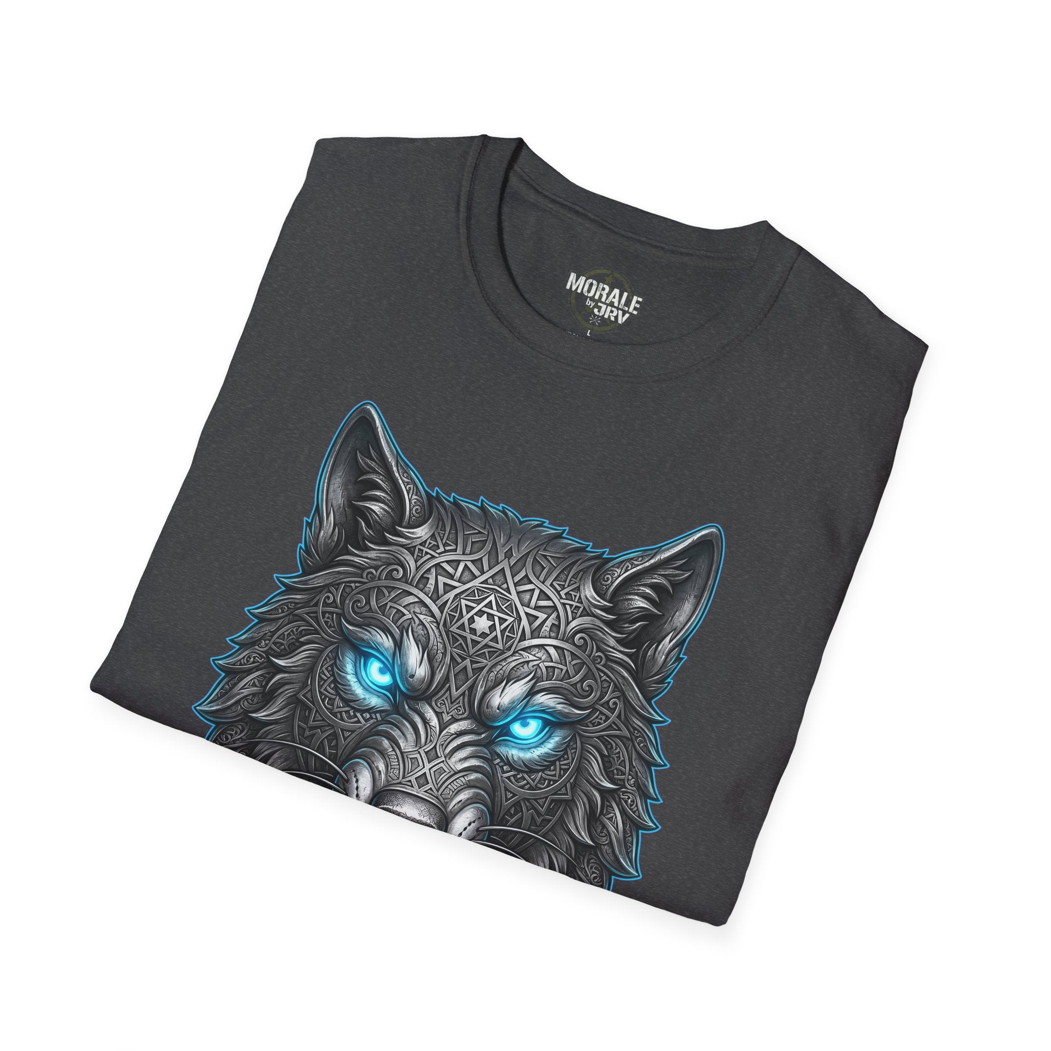Dark heather wolf head T-shirt, large front print with blue glowing eyes