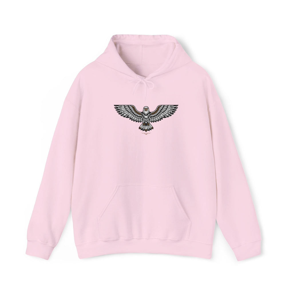 Light pink hoodie with rhinestone eagle chest graphic and front kangaroo pocket