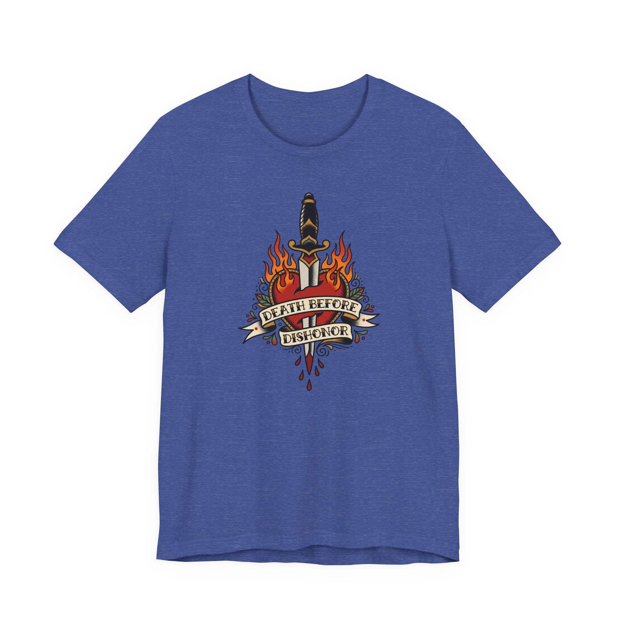 Royal blue crewneck T-shirt with flame dagger graphic on front