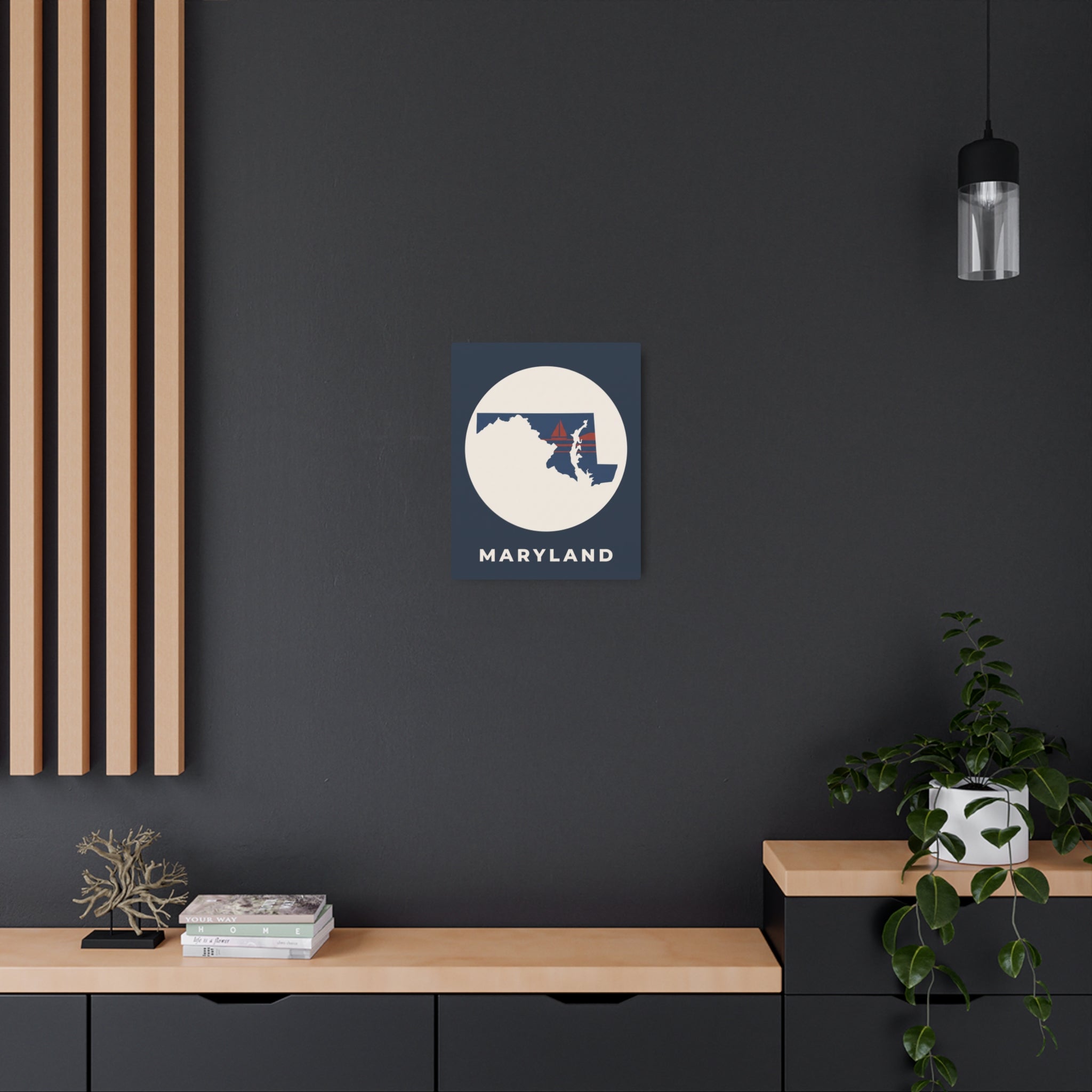 Maryland metal art sign with dark blue square frame and circular state map graphic