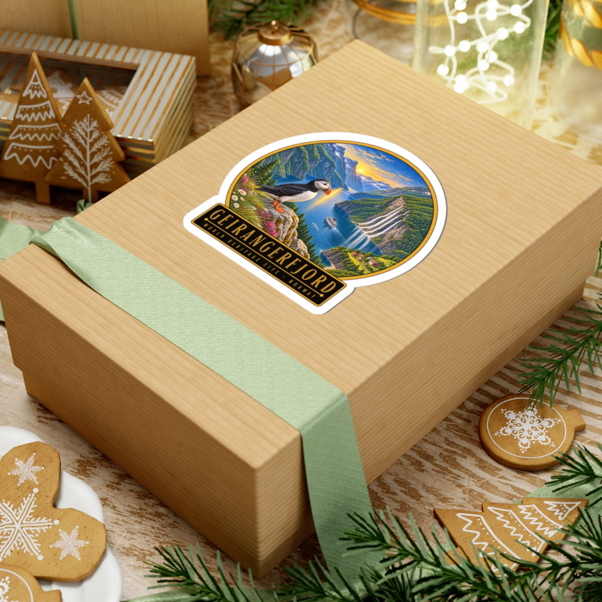 Geirangerfjord sticker on a gift box: puffin in fjord landscape with “NORWAY” label