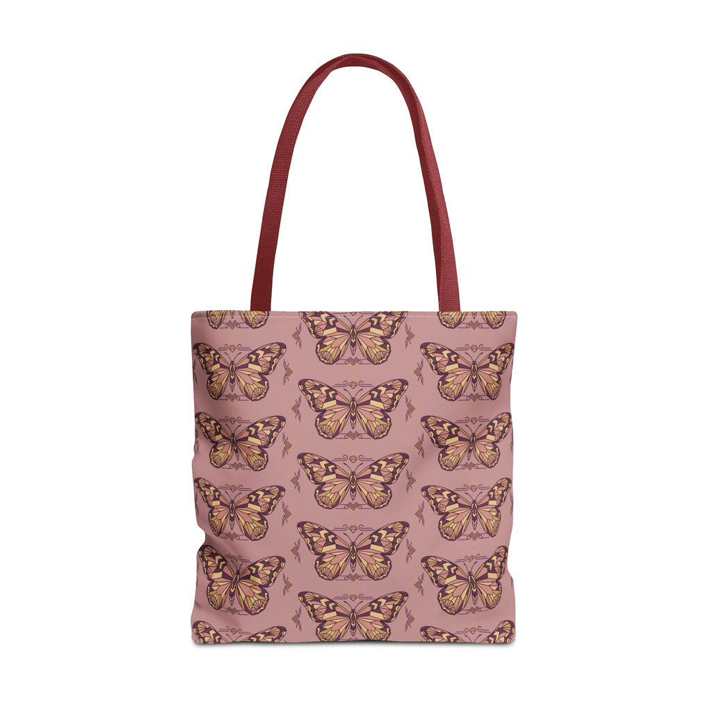 Tote bag with butterfly pattern all-over print, dark red handles