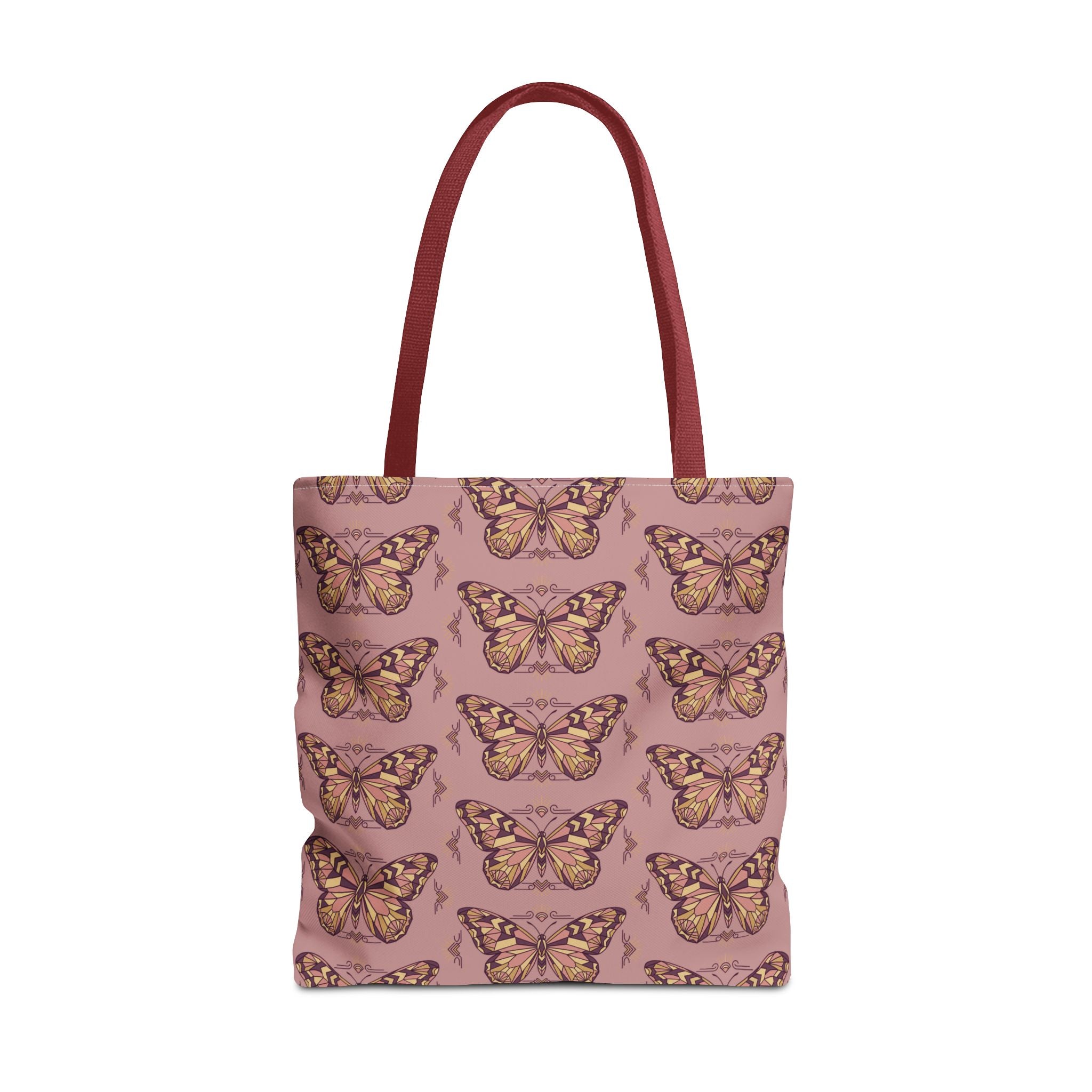 Tote bag with butterfly pattern all-over print, dark red handles