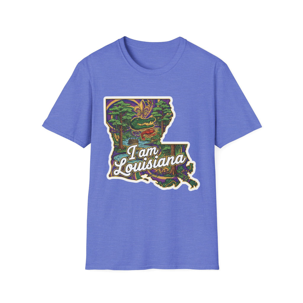 Camiseta azul real con mapa de Luisiana multicolor y texto “I am Louisiana”