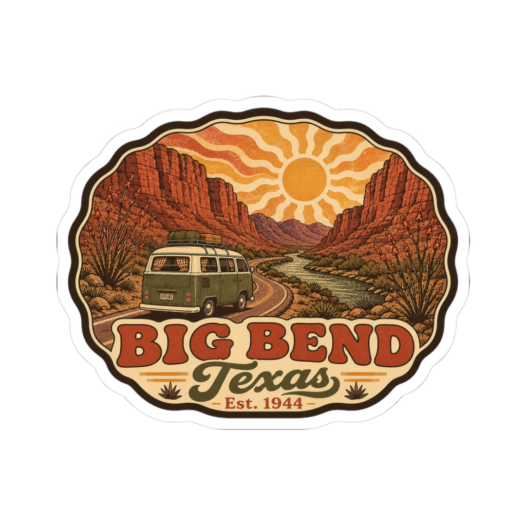 Die-cut road trip sticker with Big Bend Texas desert cliffs, sunset sun, and vintage camper