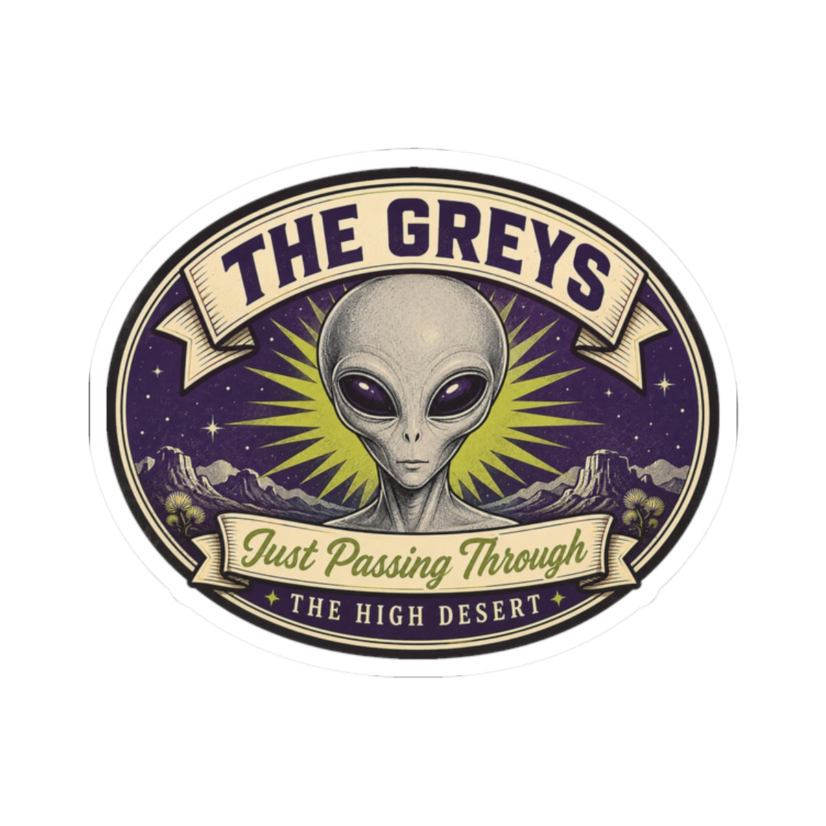 Round sticker showing a gray alien head in a purple scene with “Just Passing Through”