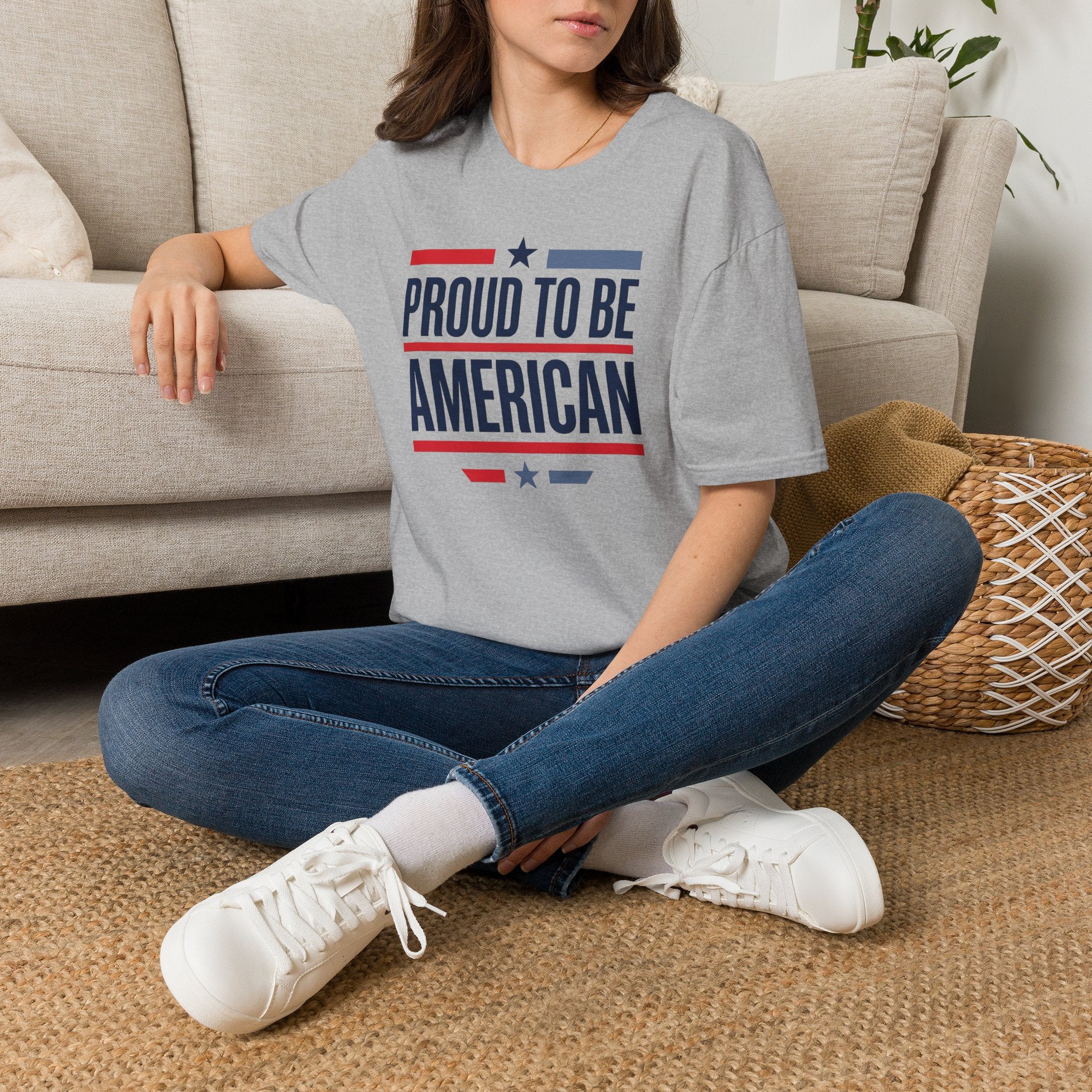 Sport grey crewneck T-shirt on model with star-and-stripe "PROUD TO BE AMERICAN" print