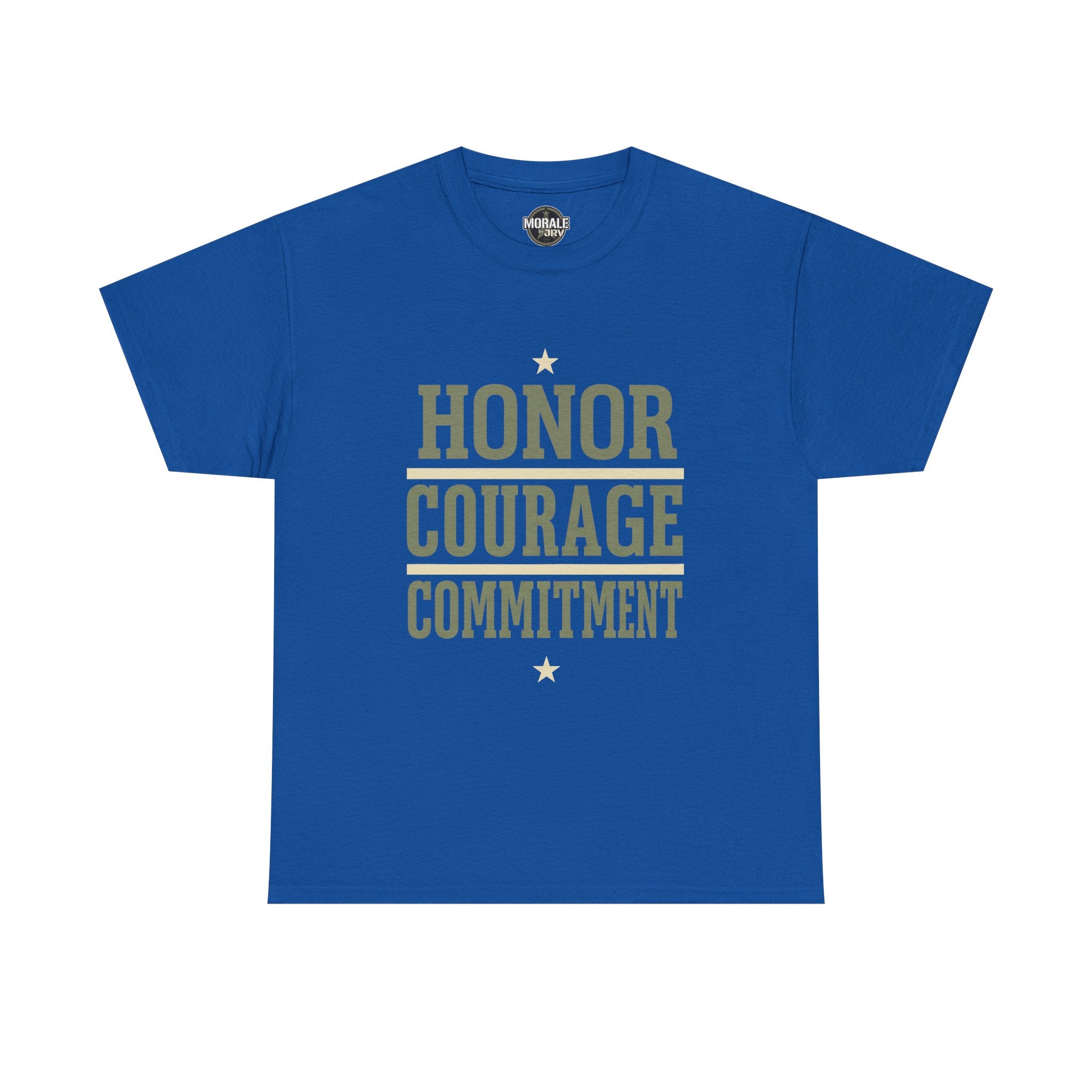 Royal blue T-shirt with “HONOR COURAGE COMMITMENT” graphic and star accents