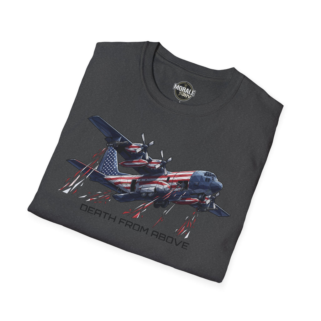 DEATH FROM ABOVE C-130 T-shirt, dark heather: C-130 graphic with American flag pattern