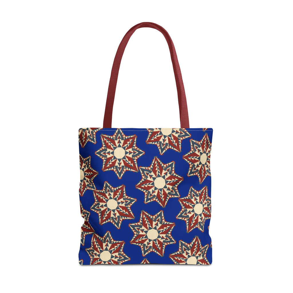 Blue tote bag with starburst floral pattern and maroon handles