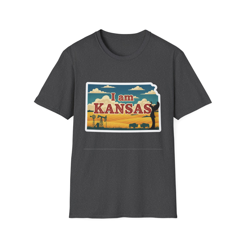 Dark heather Kansas T-shirt with 'I am KANSAS' framed state graphic