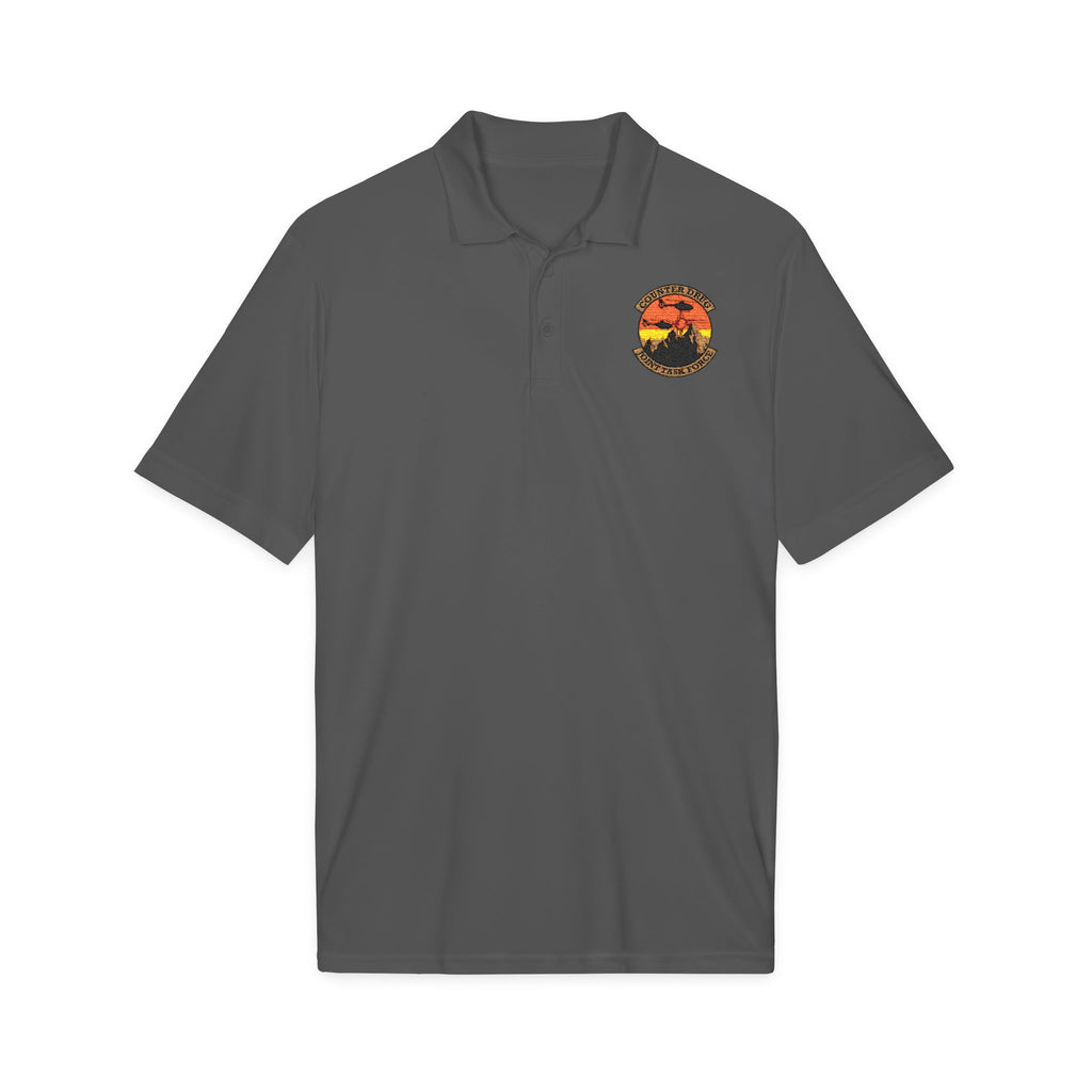 Gray polo shirt with embroidered crest on chest, short sleeves, button placket