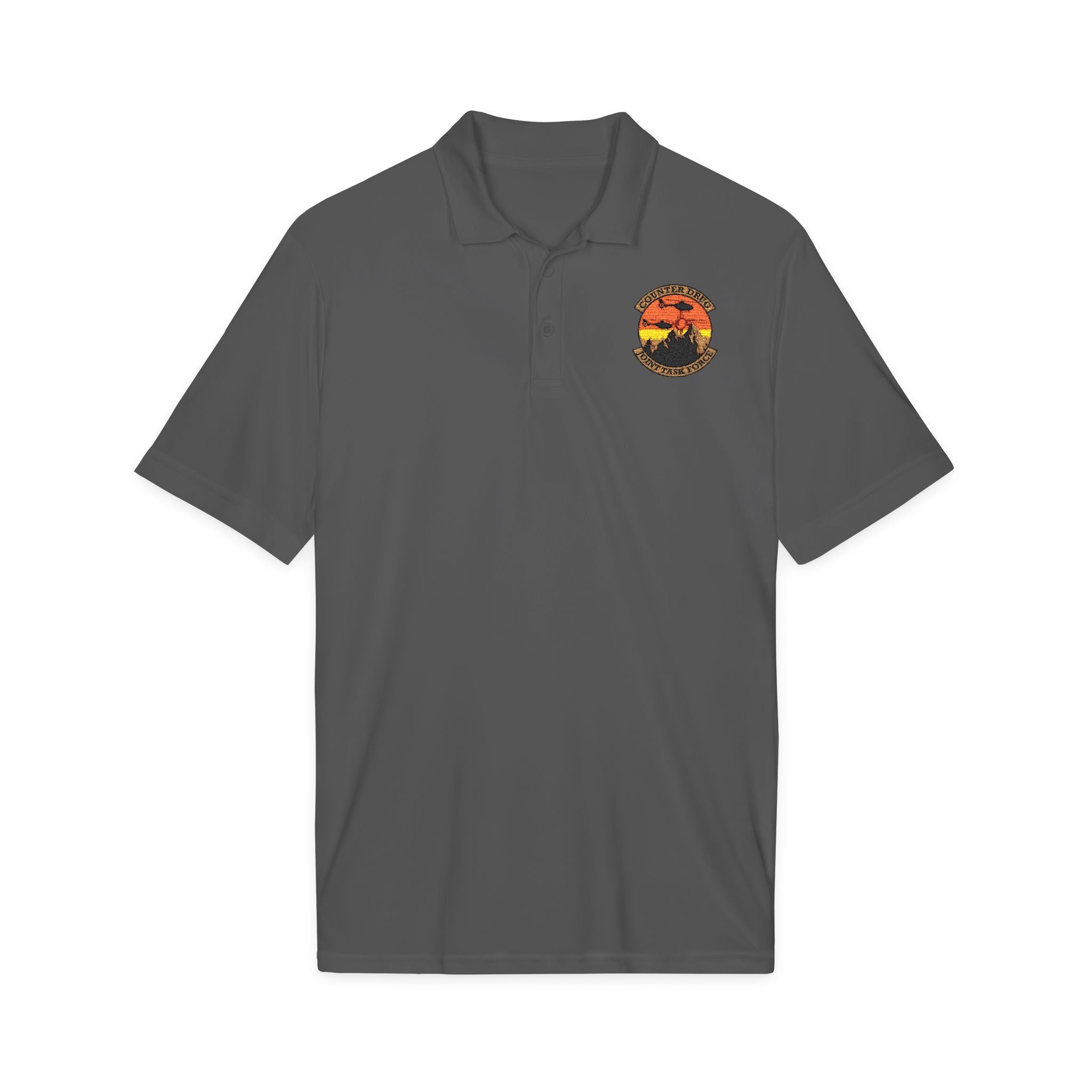 Gray polo shirt with embroidered crest on chest, short sleeves, button placket
