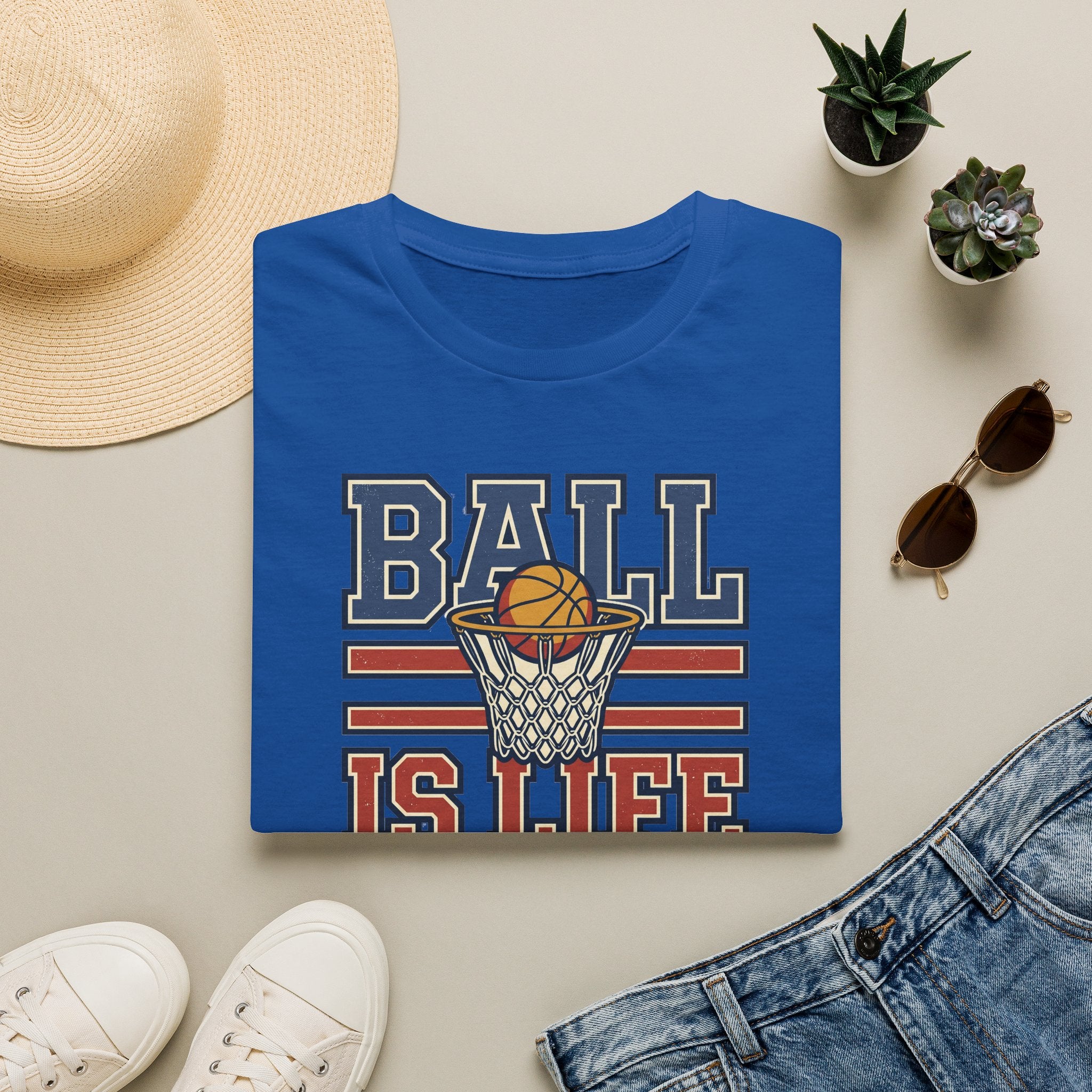 Royal blue basketball T-shirt with retro hoop 'Ball Is Life' graphic