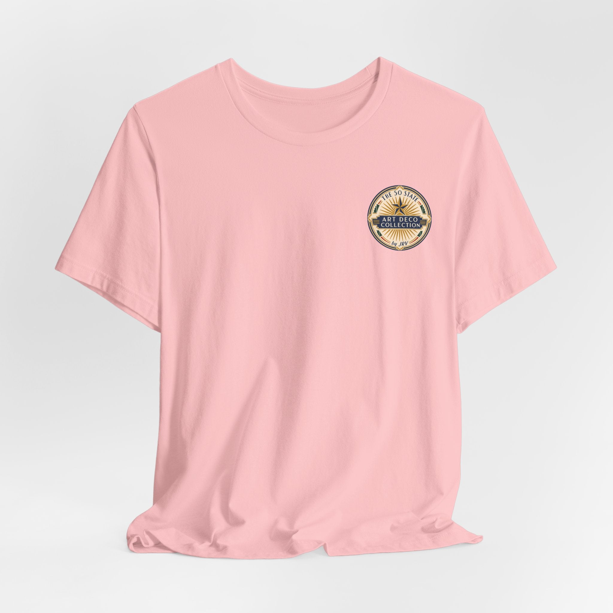 Light pink crewneck T-shirt with circular chest logo on left chest