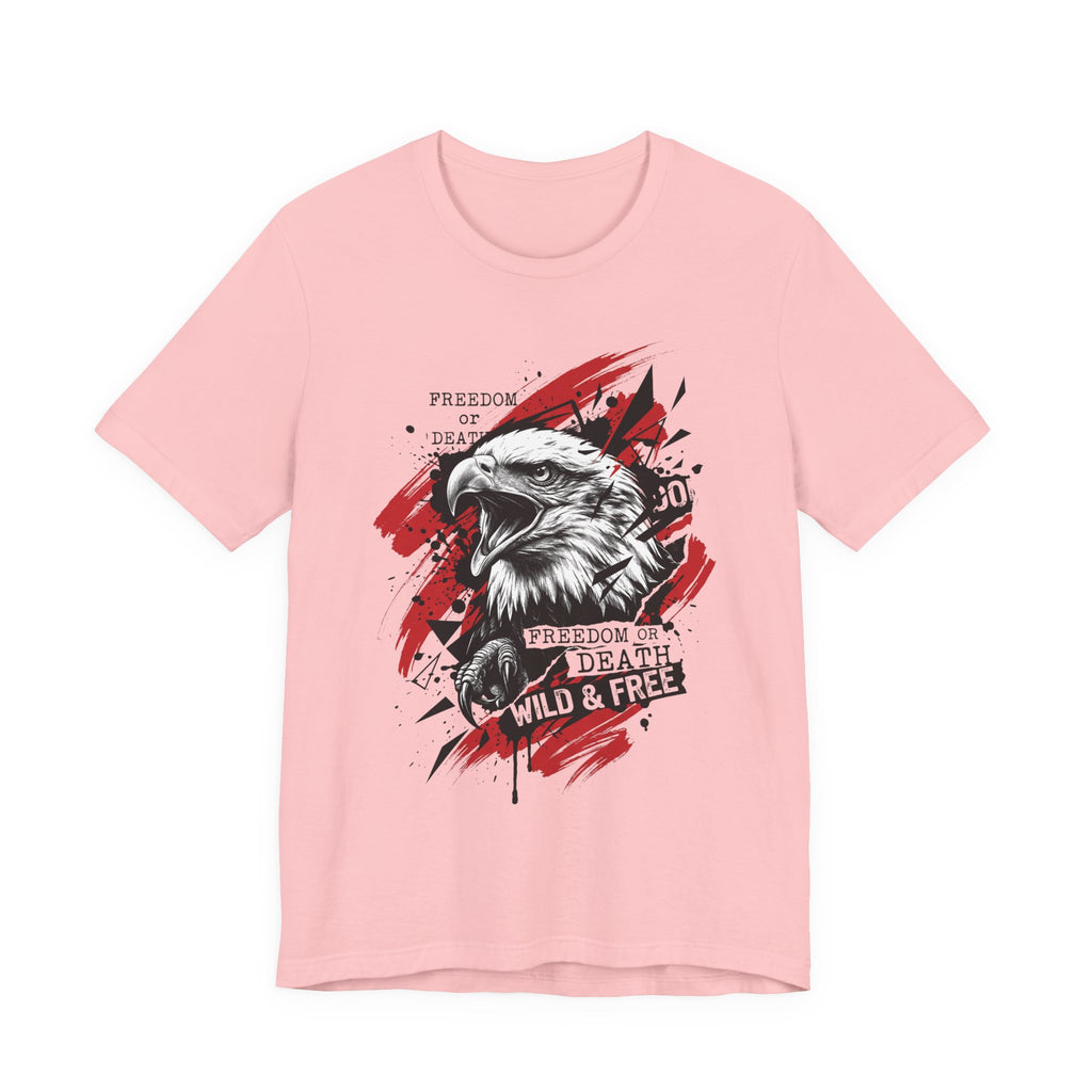 Pink crewneck T-shirt with bald eagle graphic in red and black