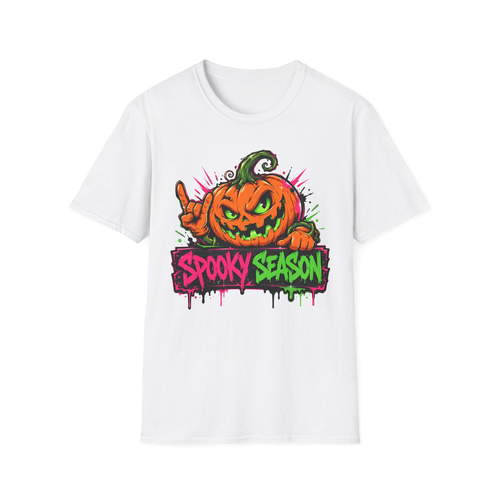 White crewneck T-shirt with jack-o-lantern and “Spooky Season” graphic on front