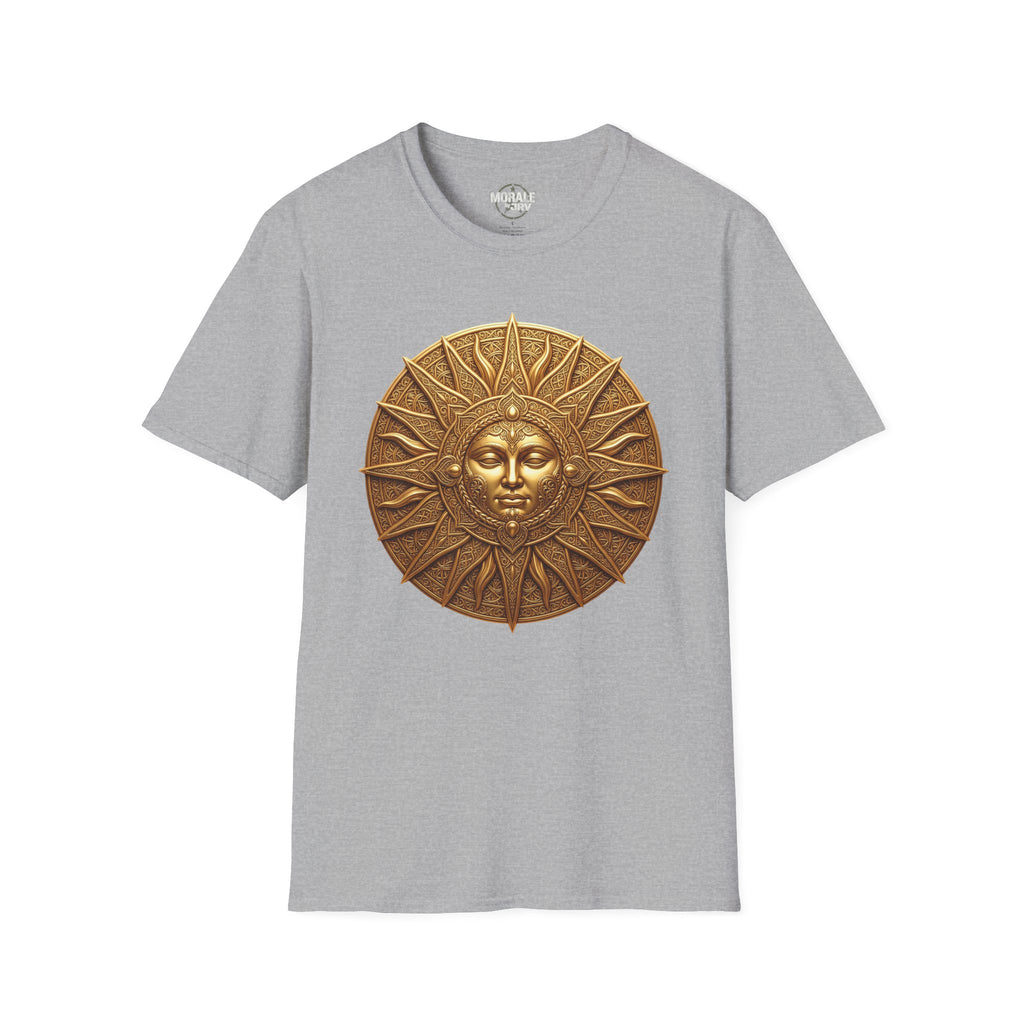 Bronze Sun Face medallion T-shirt, sport grey tee with bronze-gold sun face graphic