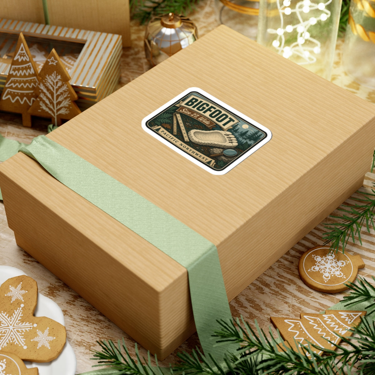 Bigfoot footprint sticker on gift box, retro Pacific Northwest camping artwork with ruler