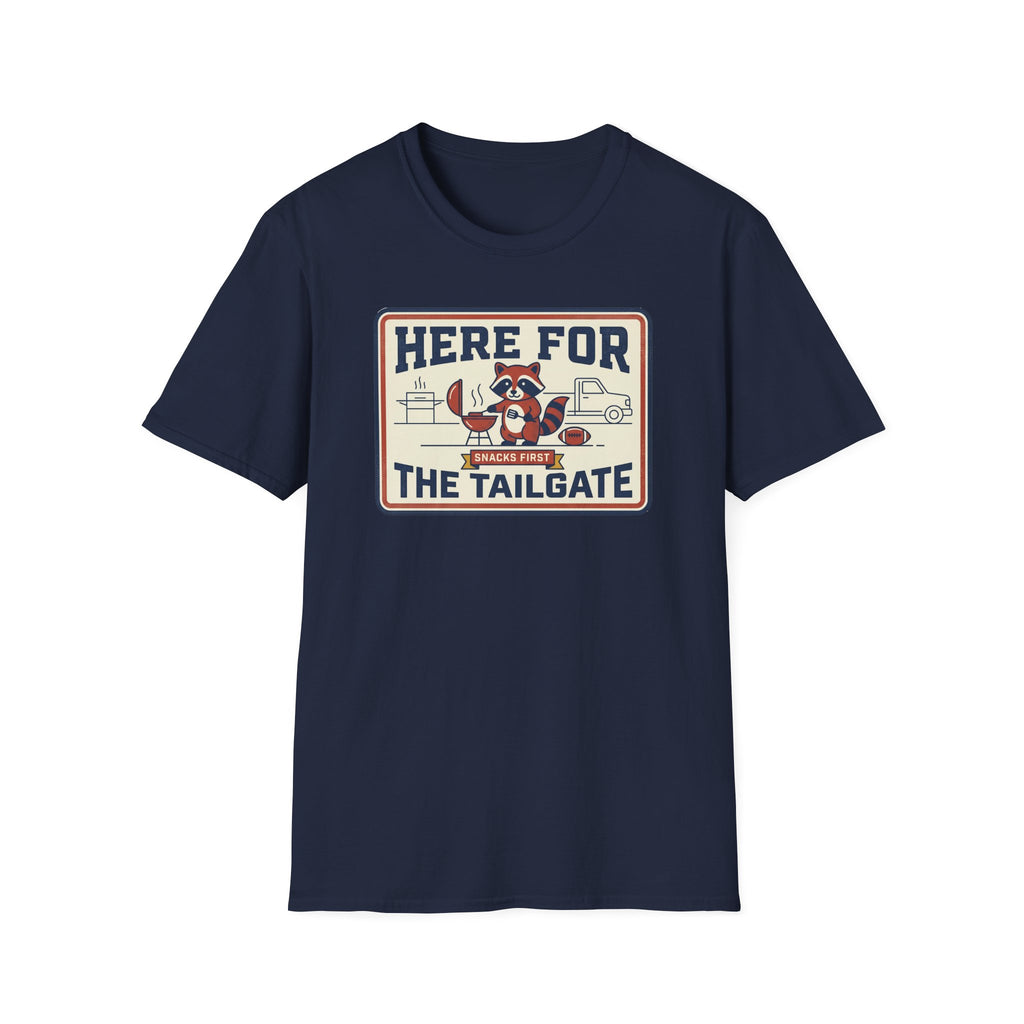 Dark navy short-sleeve T-shirt with 'Here for the Tailgate' graphic on chest