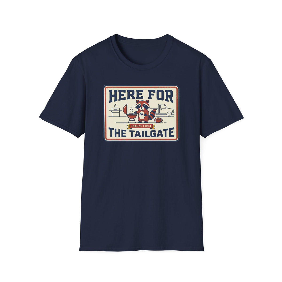 Dark navy short-sleeve T-shirt with 'Here for the Tailgate' graphic on chest