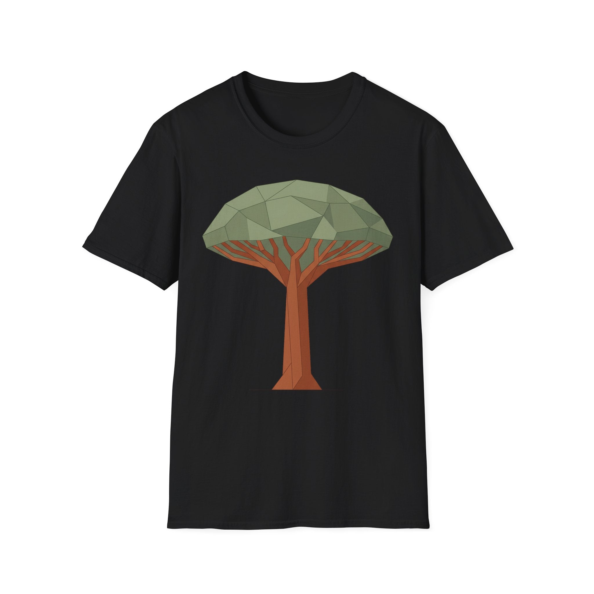 Schwarze T‑Shirt mit geometrischem Drachenblutbaum-Grafikmotiv auf der Brust