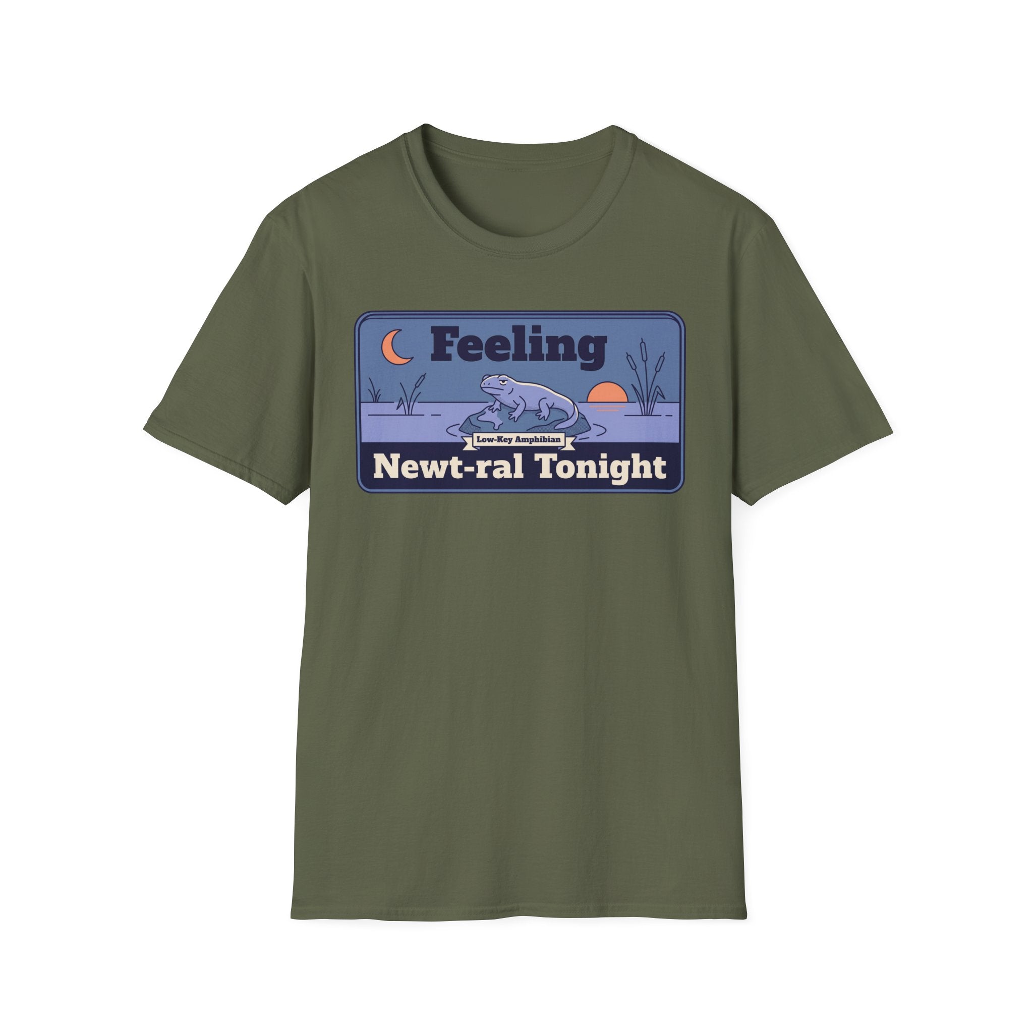 Military green T-shirt with crew neck and blue newt graphic front