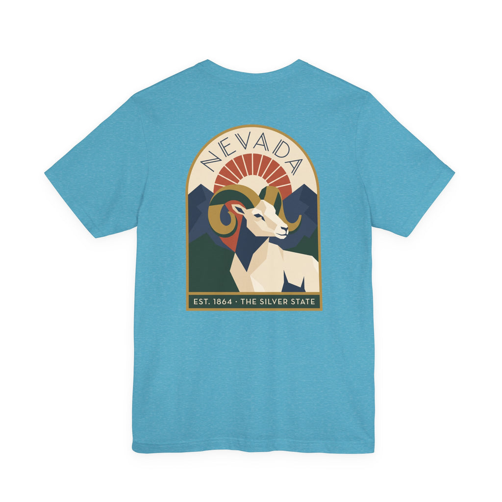 Nevada bighorn sheep art deco T-shirt, aqua with retro circular chest graphic