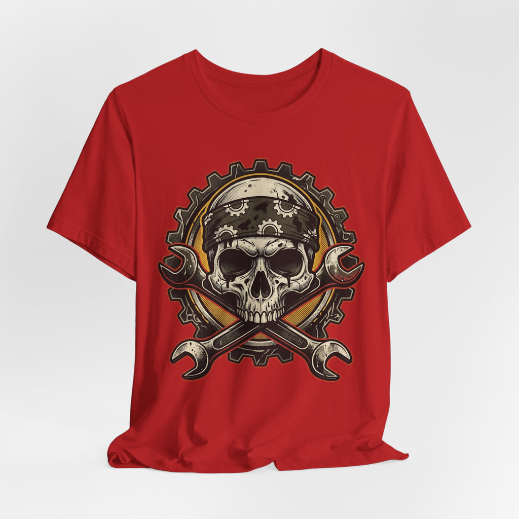 Red T-shirt front print: biker skull with crossed wrenches