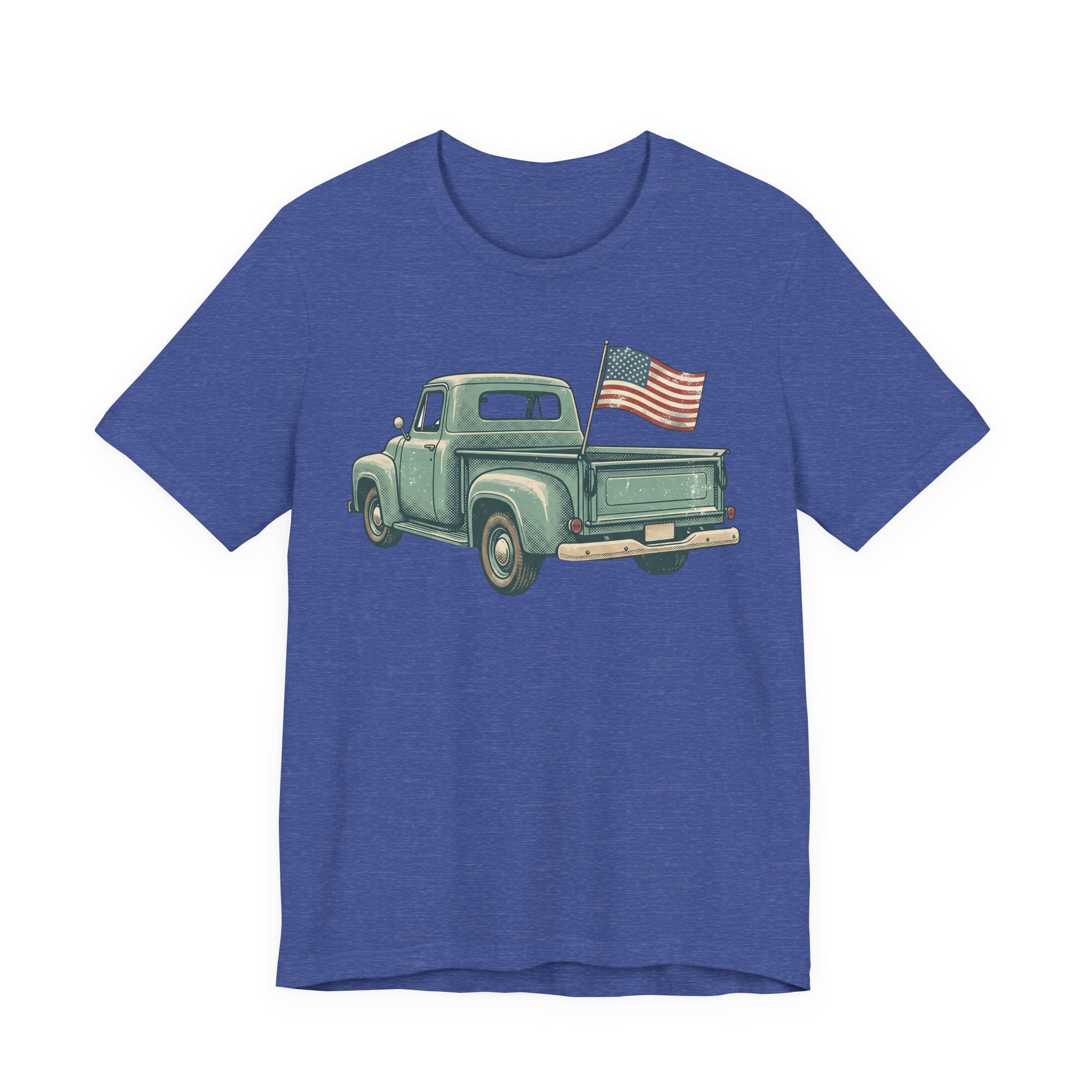 True royal blue T-shirt with green pickup truck and American flag graphic