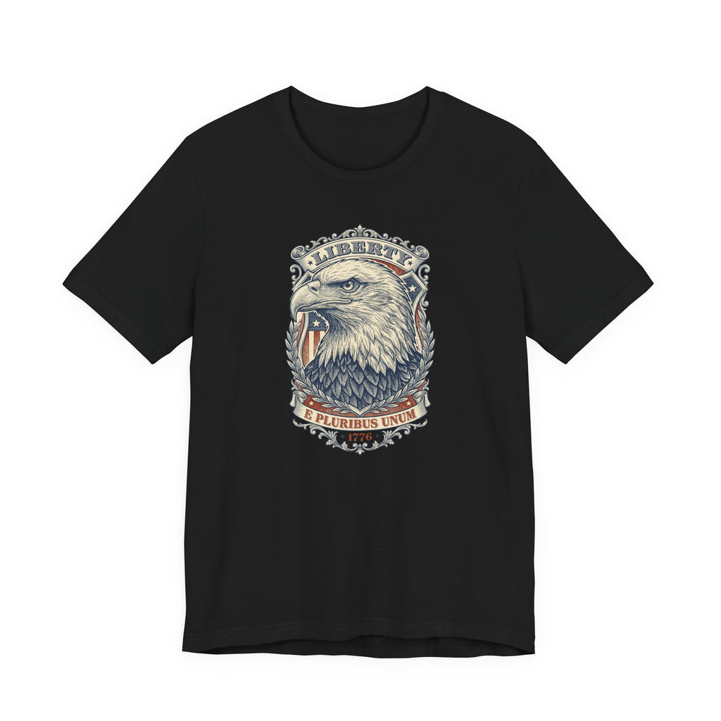 Eagle graphic tee in black with Liberty badge and bald eagle head print